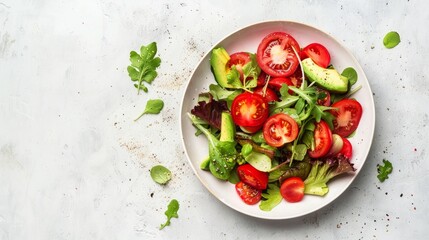 Fresh salad with tomatoes and avocado on a light background. Top view 