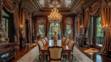Luxurious vintage dining room with ornate chandeliers and elegant draped curtains in a grand mansion.