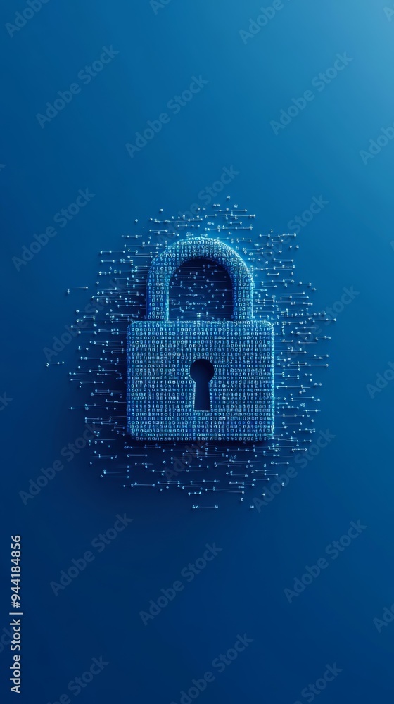 Poster Digital lock icon with encrypted binary code on a blue background. Represents digital security, encryption, and cyber protection.