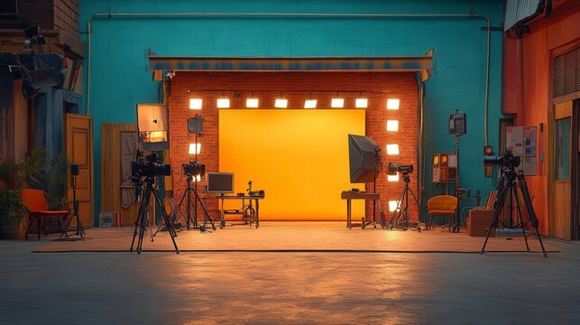 A film set with multiple cameras and lights surrounding a yellow backdrop