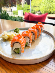 Classic Philadelphia sushi roll set with salmon and cream cheese.