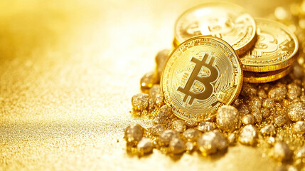 close-up of golden Bitcoin coins on a gold background