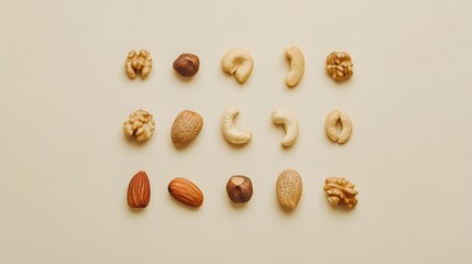 Assorted nuts arranged on beige background