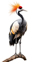 Obraz premium Grey Crowned Crane Bird, Perched on a Branch with White Background, Photo Realistic, Wallpaper, Cover and Screen for Smartphone, Cell Phone, Computer, Laptop, 9:16 and 16:9 Format