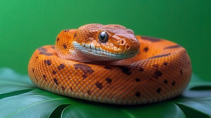 Fototapeta premium A close-up of a brown and orange snake coiled on a leaf