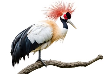 Obraz premium Grey Crowned Crane Bird, Perched on a Branch with White Background, Photo Realistic, Wallpaper, Cover and Screen for Smartphone, Cell Phone, Computer, Laptop, 9:16 and 16:9 Format