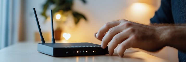 Close-up of a person&rsquo;s hand adjusting settings on a home router, with soft ambient light and a cozy background.