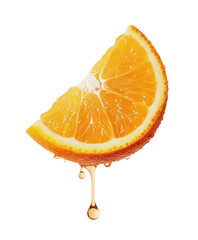 A vibrant orange wedge with juice dripping, showcasing its freshness against a clear background, perfect for food-related designs. Transparent background PNG