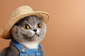 Adorable Gray Cat in Straw Hat and Denim Bib Looking Upwards on Beige Background isolated with copy space