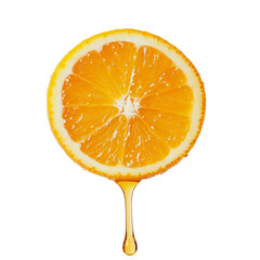 A vivid orange slice dripping with fresh juice, perfect for enhancing food-related projects and graphics with a splash of color. Transparent background PNG