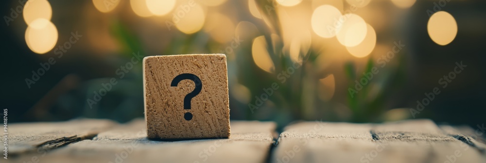 Aufkleber Wooden block with a question mark against a blurred bokeh background symbolizing inquiry and exploration.