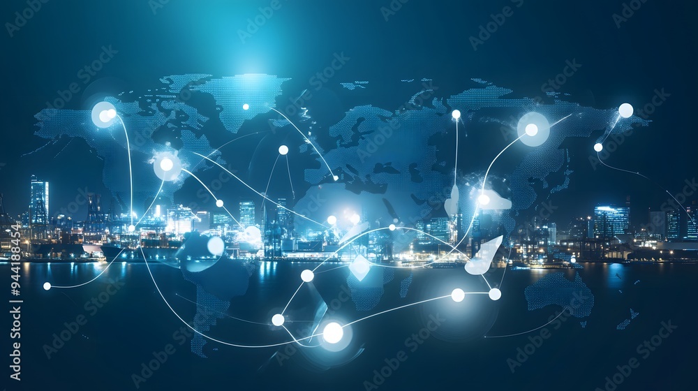 Poster world map with glowing dots and lines over city skyline, representing global connection.