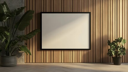 Black Horizontal Poster Art Frame Mockup with passepartout near wooden wall,