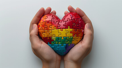 hands hold a red heart assembled from puzzles. love background wallpaper