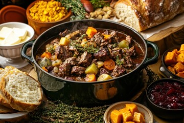 A Rustic Feast with Beef Stew, Bread, and Sides