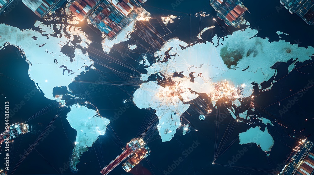 Poster a world map with glowing lines connecting different continents, representing global trade and connec