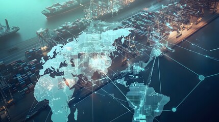 Aerial view of a global shipping network with a world map overlaid.