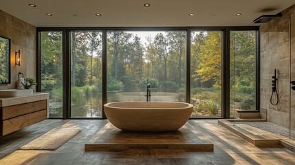 Luxurious bathroom with large bathtub overlooking serene forest landscape through glass walls at...