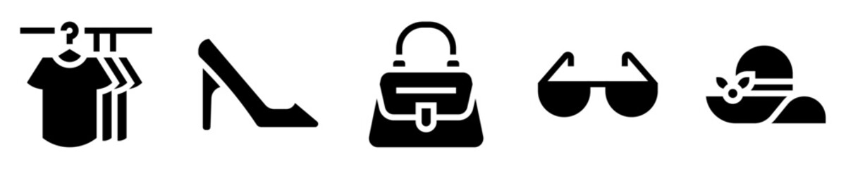 Fashion icon set. Accessories and complements. Clothes hanger, heel, handbag, sunglasses, hat. Solid icons. Vector illustration