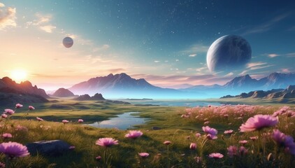 Breathtaking view of the magical meadow of dreams and the mountains