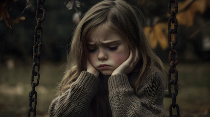 A young girl in a sweater sits on a swing
