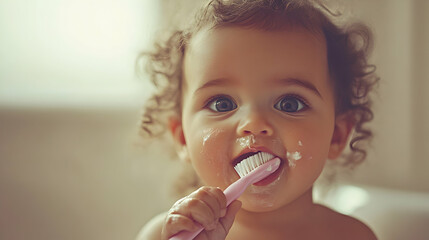 A little baby girl brushes her teeth