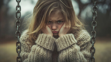 A young girl in a sweater sits on a swing