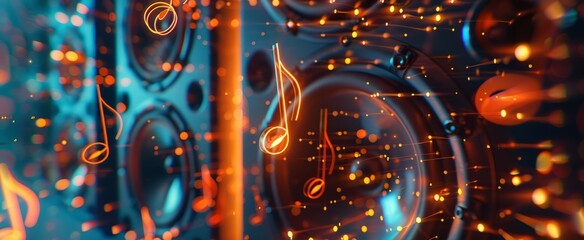 Musical notes dance through the air as vibrant lights illuminate the speakers, creating a lively...