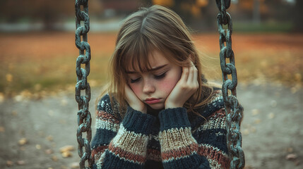 A young girl in a sweater sits on a swing