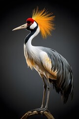 Obraz premium Grey Crowned Crane Bird, Perched on a Branch with Black Background, Photo Realistic, Wallpaper, Cover and Screen for Smartphone, Cell Phone, Computer, Laptop, 9:16 and 16:9 Format