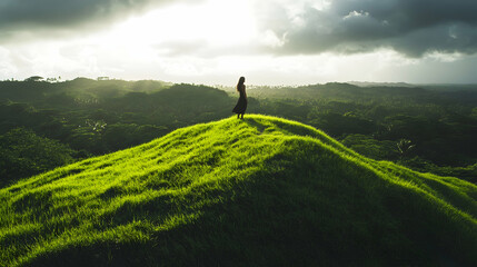 A young woman standing on top of a lush green