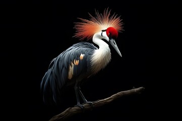 Fototapeta premium Grey Crowned Crane Bird, Perched on a Branch with Black Background, Photo Realistic, Wallpaper, Cover and Screen for Smartphone, Cell Phone, Computer, Laptop, 9:16 and 16:9 Format