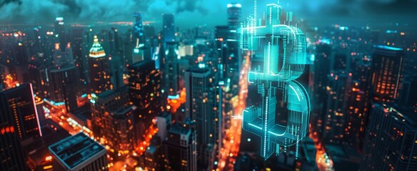Fototapeta premium Glistening skyscrapers filled with lights surround a floating, illuminated Bitcoin symbol, highlighting the vibrant connection between urban life and digital finance