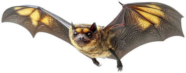 Obraz premium A bat with distinctive yellow markings on its wings flies in mid-air