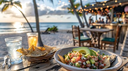 Beachside Dining: Avocado Salsa with Chips at Sunset
