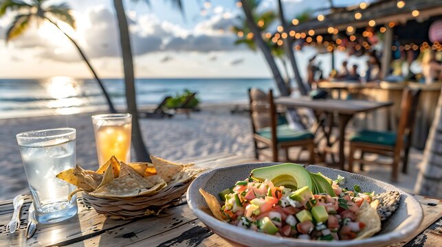 Beachside Dining: Avocado Salsa with Chips at Sunset