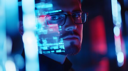 A young man with a beard looks intently at a computer screen, his face illuminated by blue and red light.