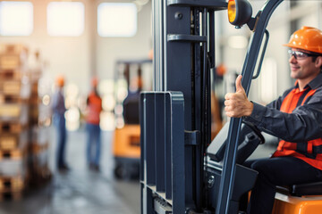 A forklift operator gives a thumbs up in a busy warehouse, showcasing safety and teamwork in an industrial environment.