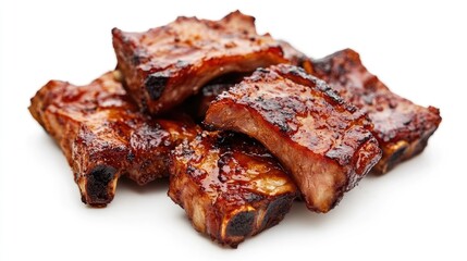 Close-up 3D view of succulent grilled pork with visible hot smoke, capturing the caramelized exterior and mouthwatering details on a plain white background, no people.