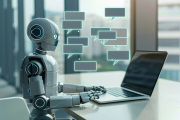 A futuristic robot interacting with a laptop in a modern office, showcasing advanced technology and communication.