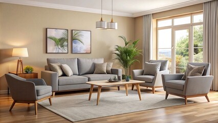 Naklejka premium Modern living room furniture set with sleek grey sofa, armchair, and coffee table against a light beige backdrop, showcasing comfort and elegance in interior design.