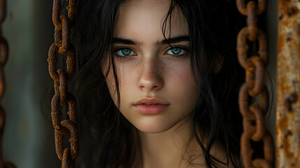 A young woman with dark hair and a serious