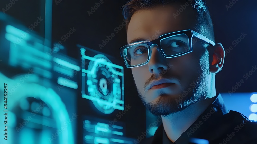 Canvas Prints A young man with a beard wearing glasses stares intensely at a computer screen filled with blue and green data.