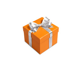 orange gift box with silver bow, isolated on transparent background, thanksgiving, christmas, birthday, anniversary, valentine