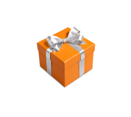 orange gift box with silver bow, isolated on transparent background, thanksgiving, christmas, birthday, anniversary, valentine
