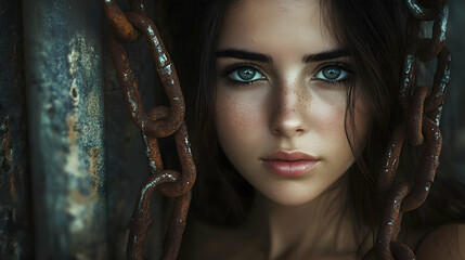 A young woman with dark hair and a serious