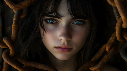A young woman with dark hair and a serious