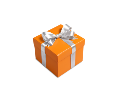 orange gift box with silver bow, isolated on transparent background, thanksgiving, christmas, birthday, anniversary, valentine