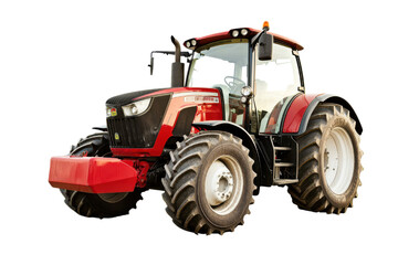 Obraz premium A powerful red tractor designed for agricultural work, showcasing advanced technology and robust features for efficient farming.