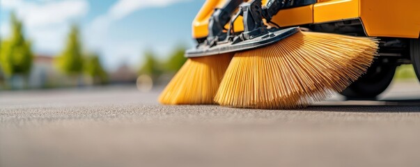 Close-up of a street sweeper s rotating brushes removing dust and debris from a road, photorealistic, hyper-resolution, detailed and efficient cleaning action